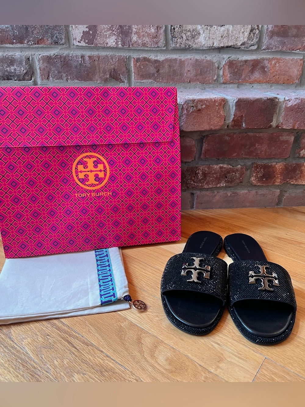 Tory Burch Perfect Black Everly Crystal Slide Sandals